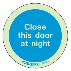 Jalite 5123O Photoluminescent Close This Door At Night Adhesive Disc - 80mm Diameter